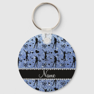 Custom name light blue glitter tennis hearts bows key ring