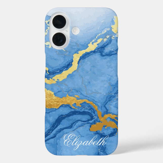 Custom Name Light Blue Marble & Gold Case-Mate iPhone Case (Back)