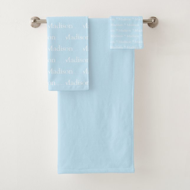 Custom name light blue white text pattern bath towel set (Insitu)