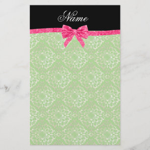 Custom name light green damask pink glitter bow stationery