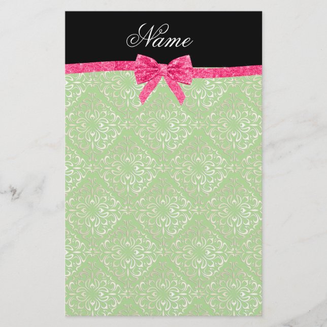 Custom name light green damask pink glitter bow stationery (Front)