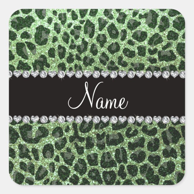 Custom name light green glitter leopard print square sticker (Front)