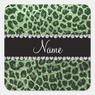 Custom name light green glitter leopard print square sticker