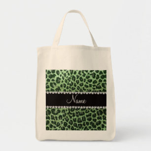Custom name light green glitter leopard print tote bag
