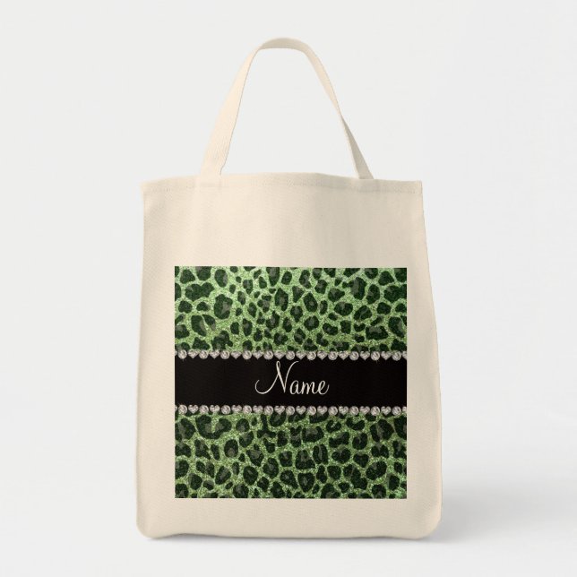 Custom name light green glitter leopard print tote bag (Front)
