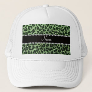 Custom name light green glitter leopard print trucker hat