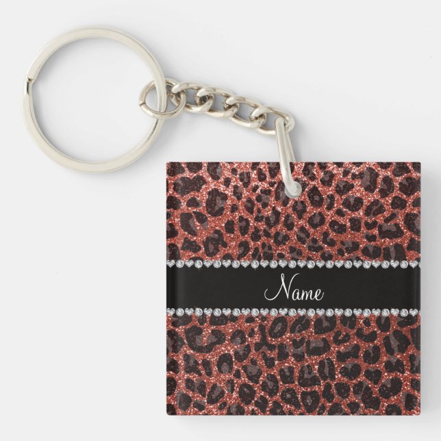 Custom name light orange glitter leopard print key ring (Front)
