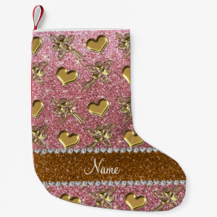 Custom name light pink glitter gold roses hearts small christmas stocking