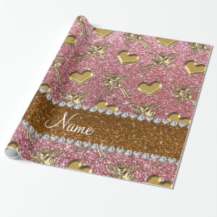 Custom name light pink glitter gold roses hearts wrapping paper