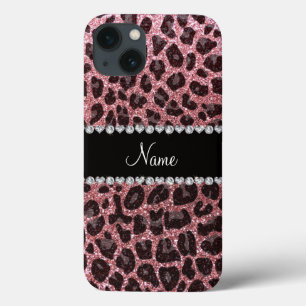 Custom name light pink glitter leopard print iPhone 13 case