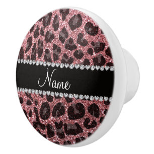 Custom name light pink glitter leopard print ceramic knob