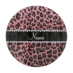Custom name light pink glitter leopard print cutting board