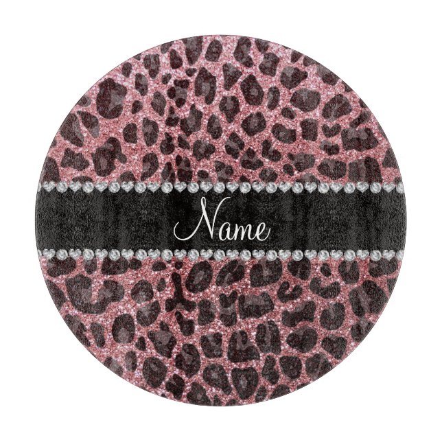 Custom name light pink glitter leopard print cutting board (Front)