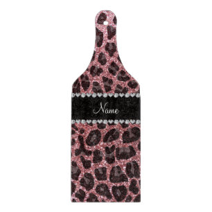 Custom name light pink glitter leopard print cutting board
