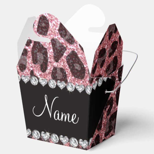 Custom name light pink glitter leopard print favour box (Opened)