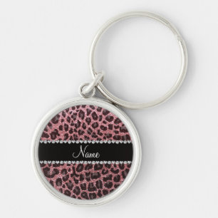 Custom name light pink glitter leopard print key ring