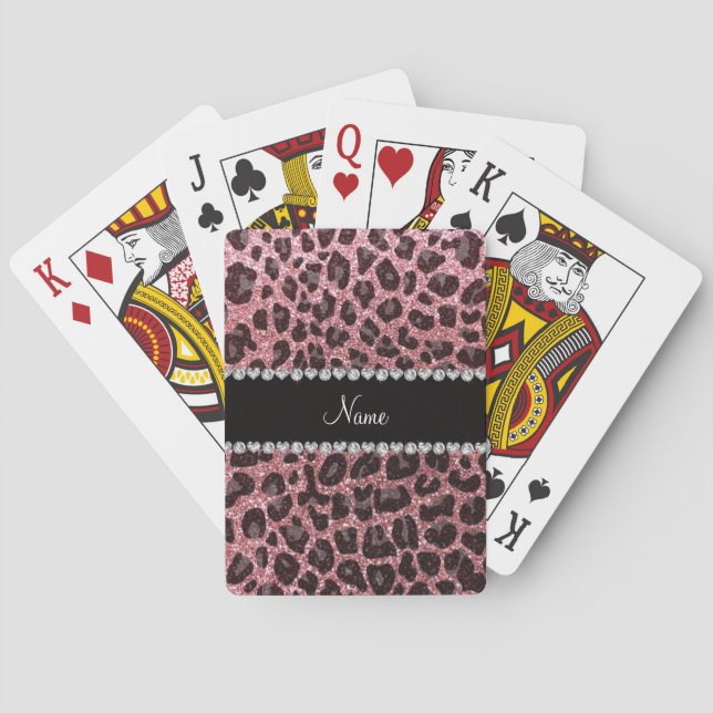 Custom name light pink glitter leopard print playing cards (Back)