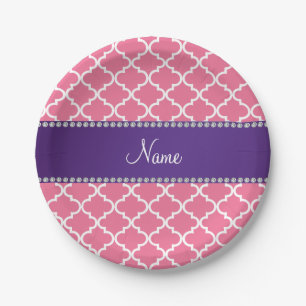 Custom name light pink moroccan purple stripe paper plate