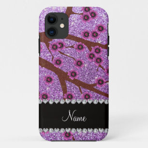 Custom name light purple glitter cherry blossoms iPhone 11 case