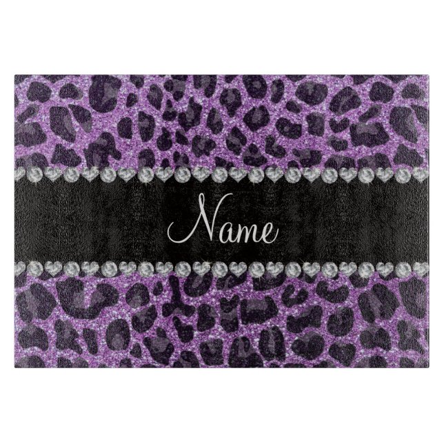 Custom name light purple glitter leopard print cutting board (Front)