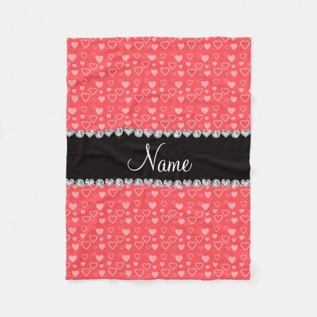 Custom name light red hearts black stripe fleece blanket (Front)