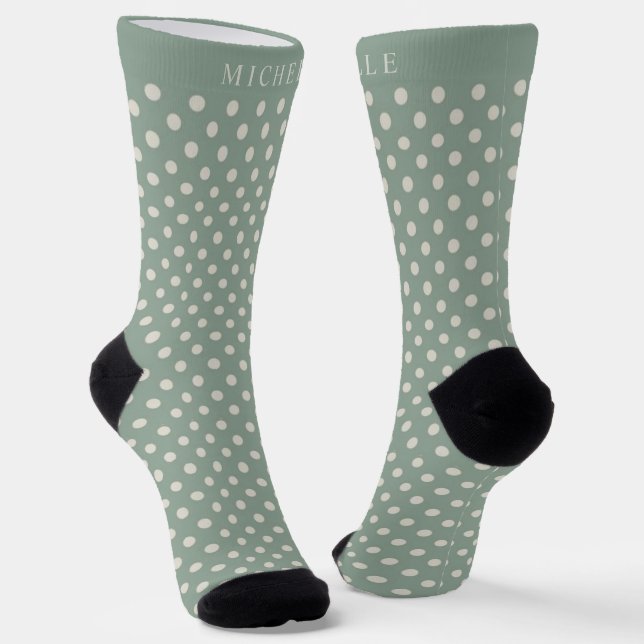Custom Name Light sage Green White Polka Dot Socks (Angled)