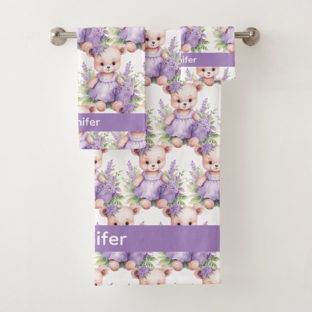 Custom Name Lilac Teddy Bear Girl's Bath Towel Set (Insitu)