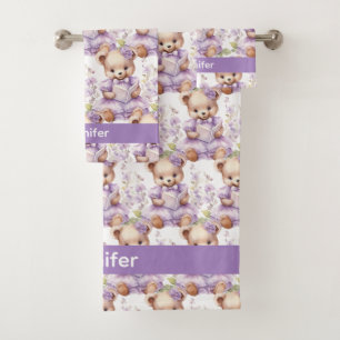 Custom Name Lilac Teddy Bear Girl's Bath Towel Set