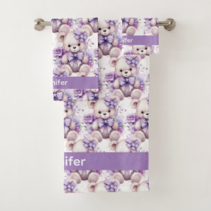 Custom Name Lilac Teddy Bear Girl's Bath Towel Set
