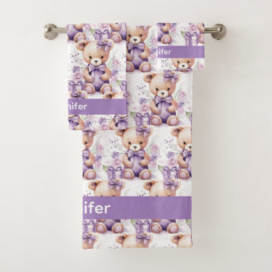 Custom Name Lilac Teddy Bear Girl's Bath Towel Set