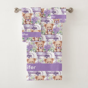 Custom Name Lilac Teddy Bear Girl's Bath Towel Set