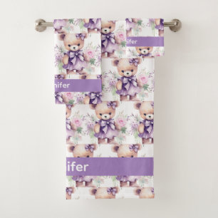 Custom Name Lilac Teddy Bear Girl's Bath Towel Set