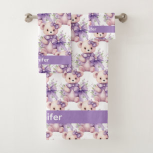 Custom Name Lilac Teddy Bear Girl's Bath Towel Set