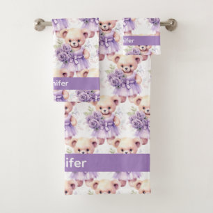 Custom Name Lilac Teddy Bear Girl's Bath Towel Set
