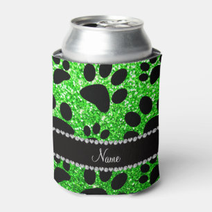 Custom name lime green glitter black dog paws can cooler
