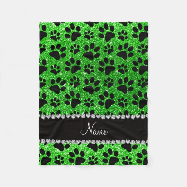 Custom name lime green glitter black dog paws fleece blanket (Front)