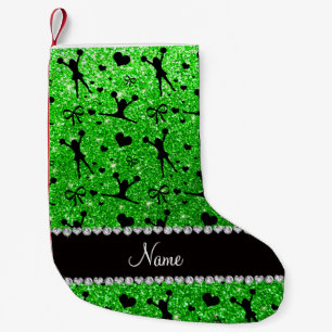 Custom name lime green glitter cheerleading small christmas stocking