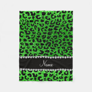 Custom name lime green glitter cheetah print fleece blanket