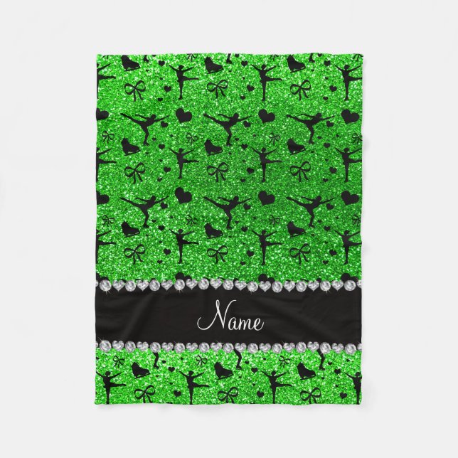 Custom name lime green glitter figure skating fleece blanket (Front)