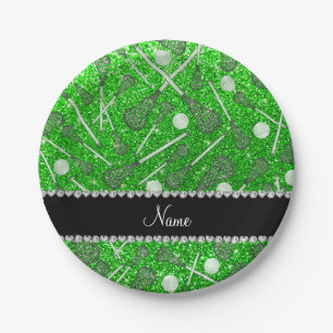 Custom name lime green glitter lacrosse sticks paper plate