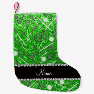 Custom name lime green glitter lacrosse sticks small christmas stocking