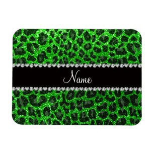 Custom name lime green glitter leopard print magnet