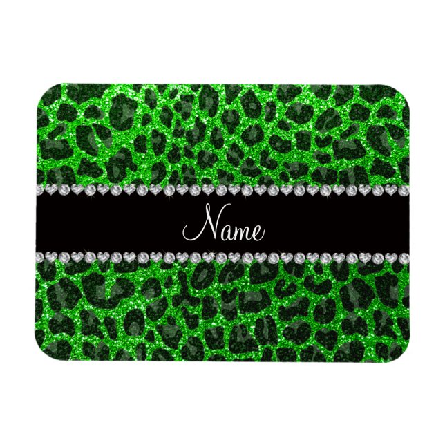 Custom name lime green glitter leopard print magnet (Horizontal)