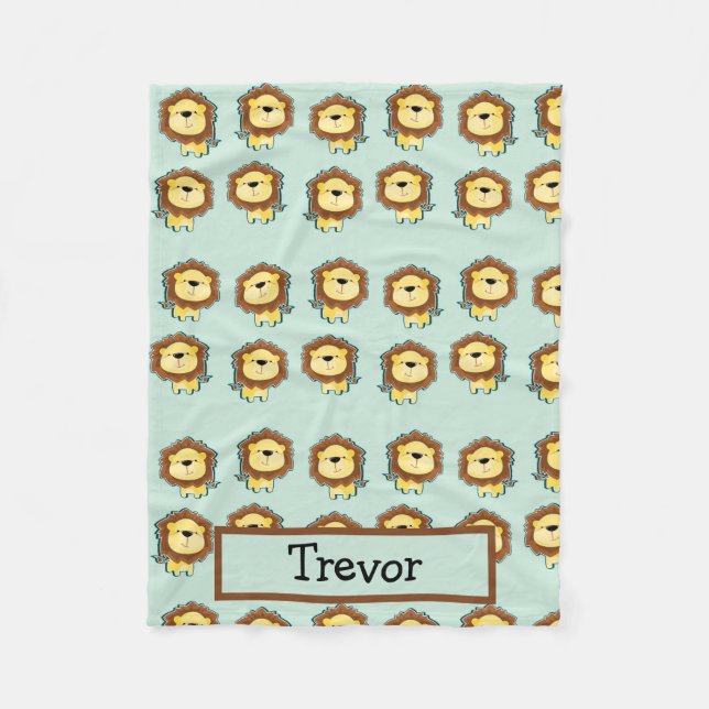 Custom name lion pattern on blue fleece blanket (Front)
