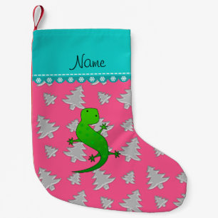 Custom name lizard silver pink Christmas trees Small Christmas Stocking
