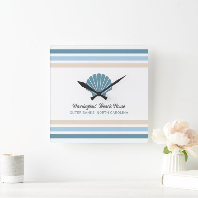 Custom Name & Location Beach House Square Wall Clock (Home)