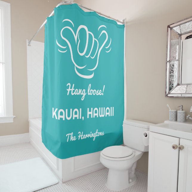 Custom Name, Location & Colour Shaka Shower Curtain (In Situ)