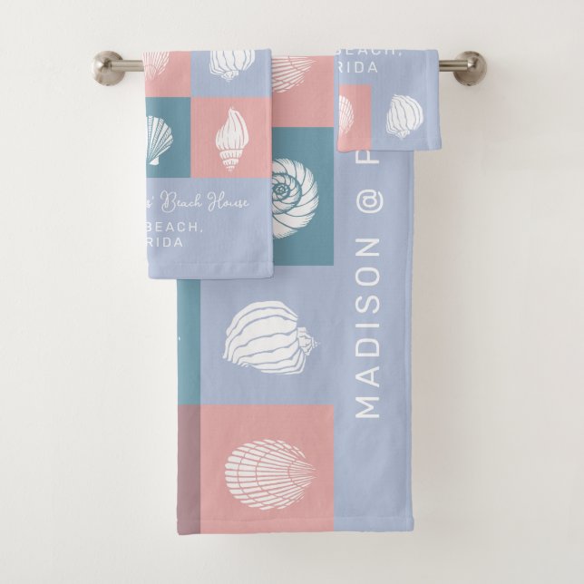 Custom Name & Location Seashells Pattern Bath Towel Set (Insitu)
