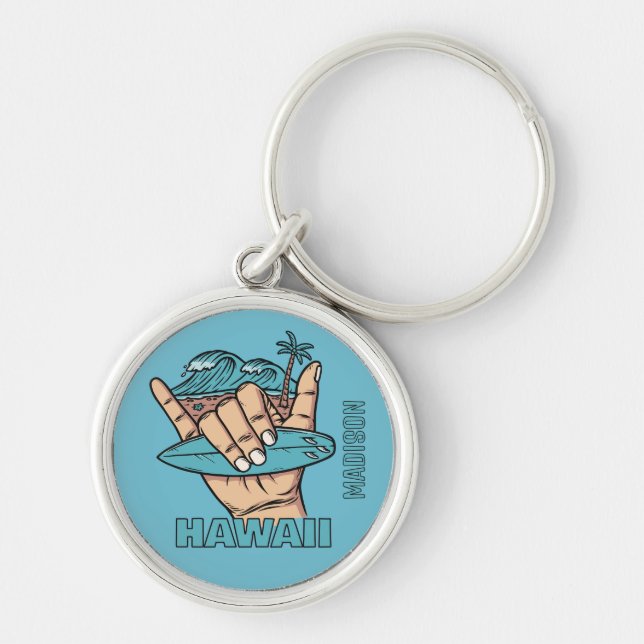 Custom Name & Location Surf Shaka Key Ring (Front)