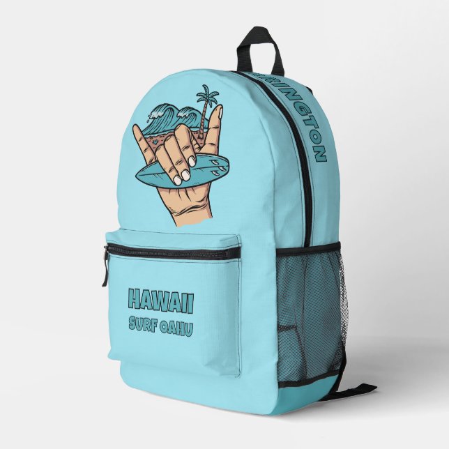 Custom Name & Location Surf Shaka Printed Backpack (Back Corner Right)